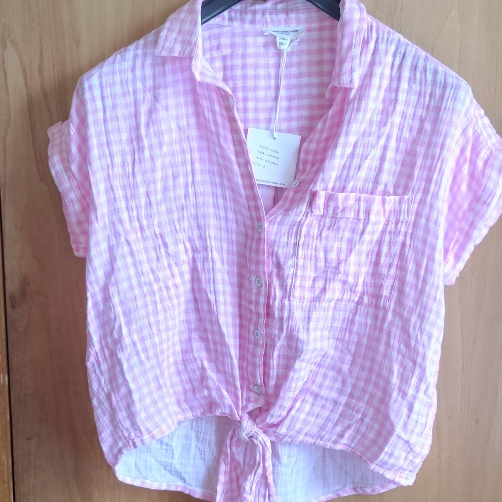 100% Cotton beachlunchlounge Pink/White Gingham Collared T Button-Up, S